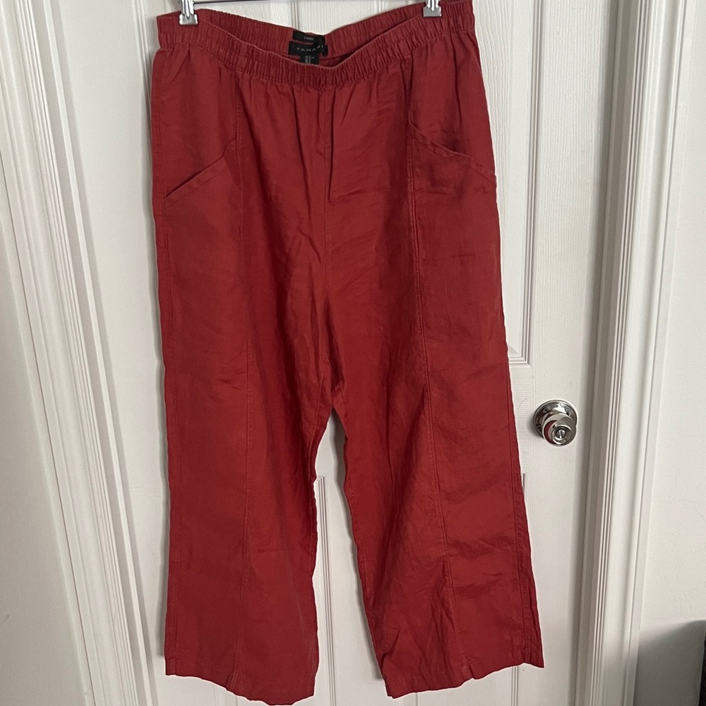 Tahari Rust Relaxed Elastic-Waist Linen Pants